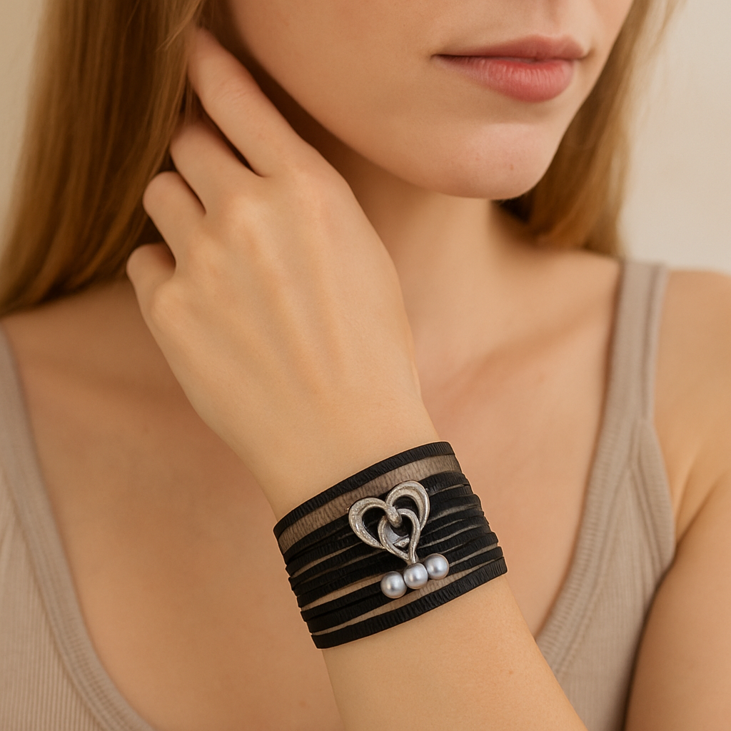 Bracelet multi-rangs cuir noir et cœur argenté