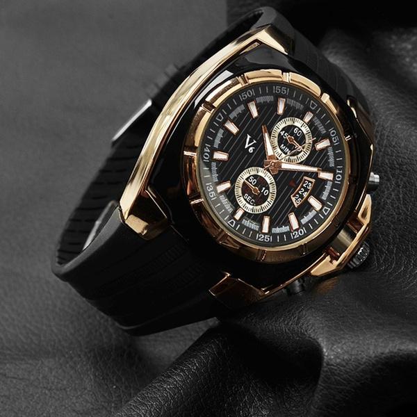 Montre Sport Luxe V6 – Chronographe Noir & Or, Bracelet Silicone Résistant