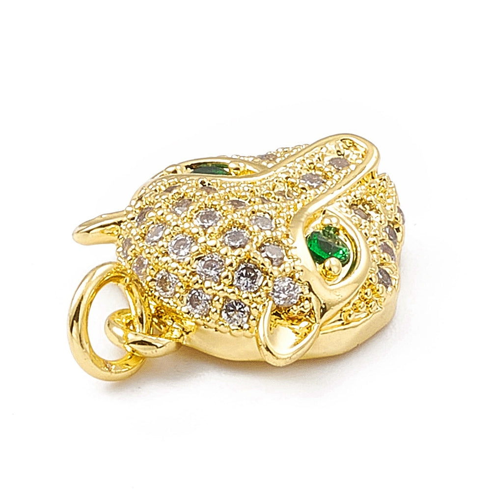 Pendentif tête de panthère dorée – yeux verts & zircons