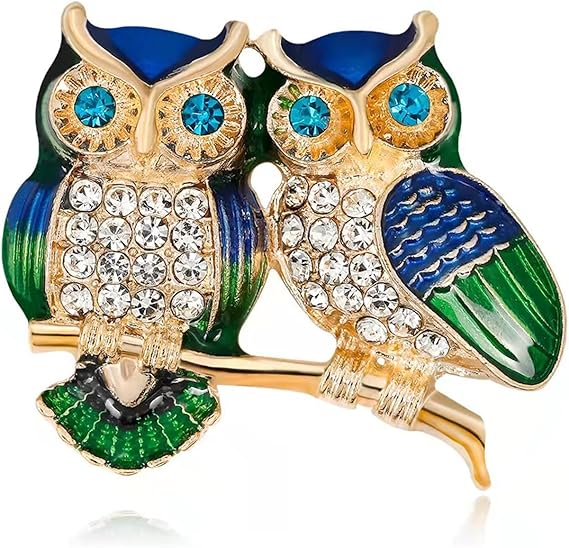 Broche hiboux duo sur branche – strass & émail coloré