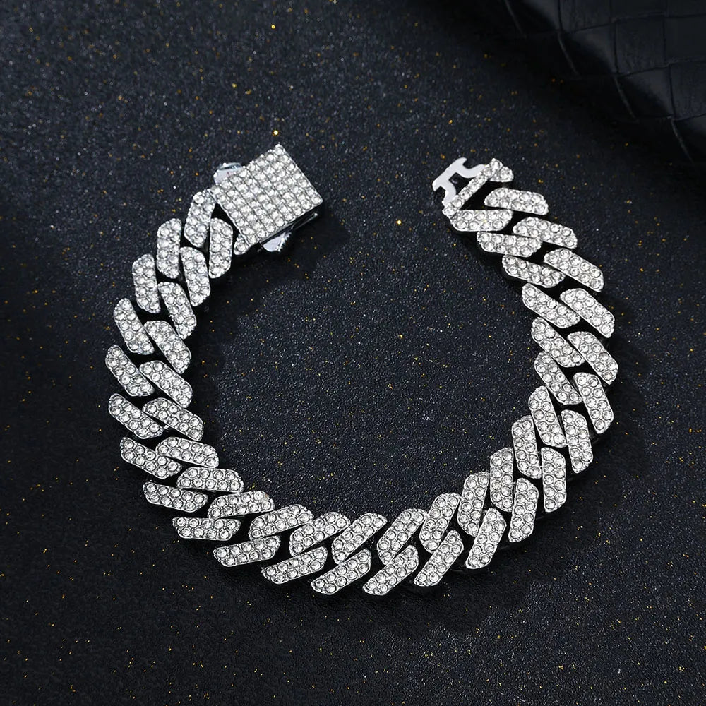 Bracelet Chaîne Cubaine Argenté Sertie – Acier Inoxydable & Zircons – 20 cm