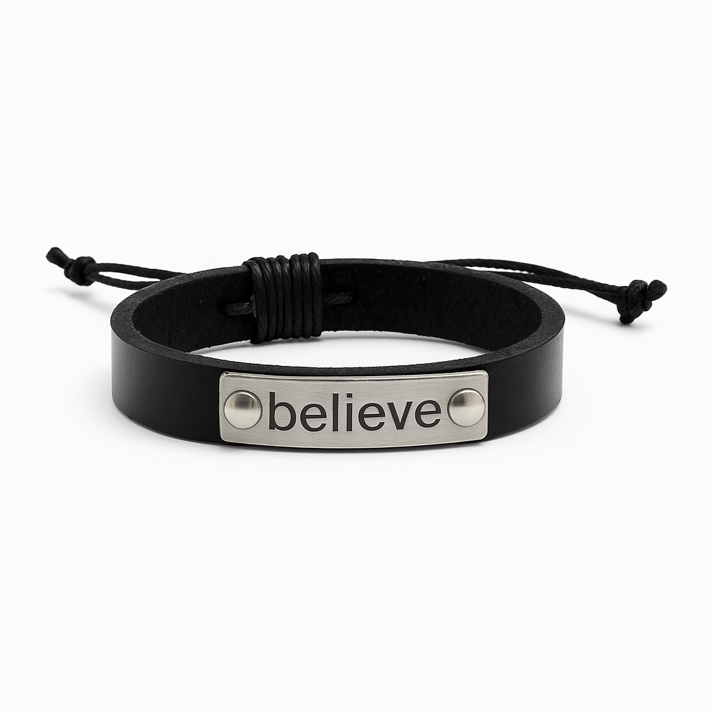 Bracelet cuir noir « Believe » — acier inoxydable, ajustable