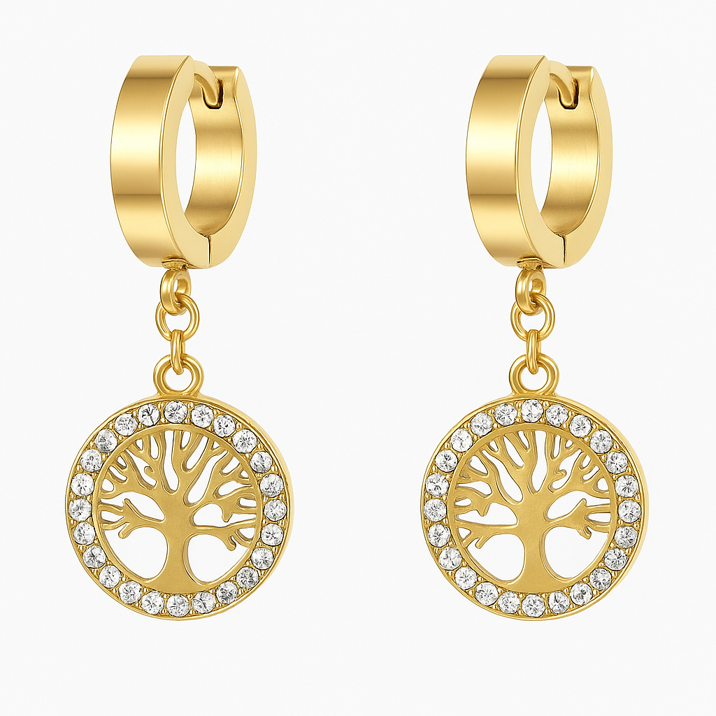 Boucles d'Oreilles Arbre de Vie en Strass Doré