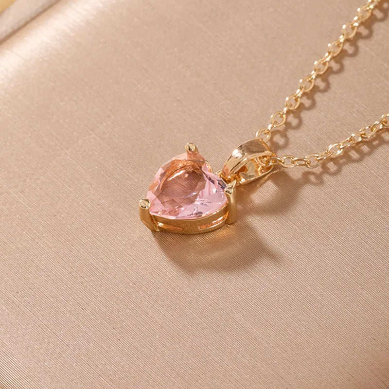 Collier Cœur Rose – Zircon & Acier Inoxydable Doré 18K