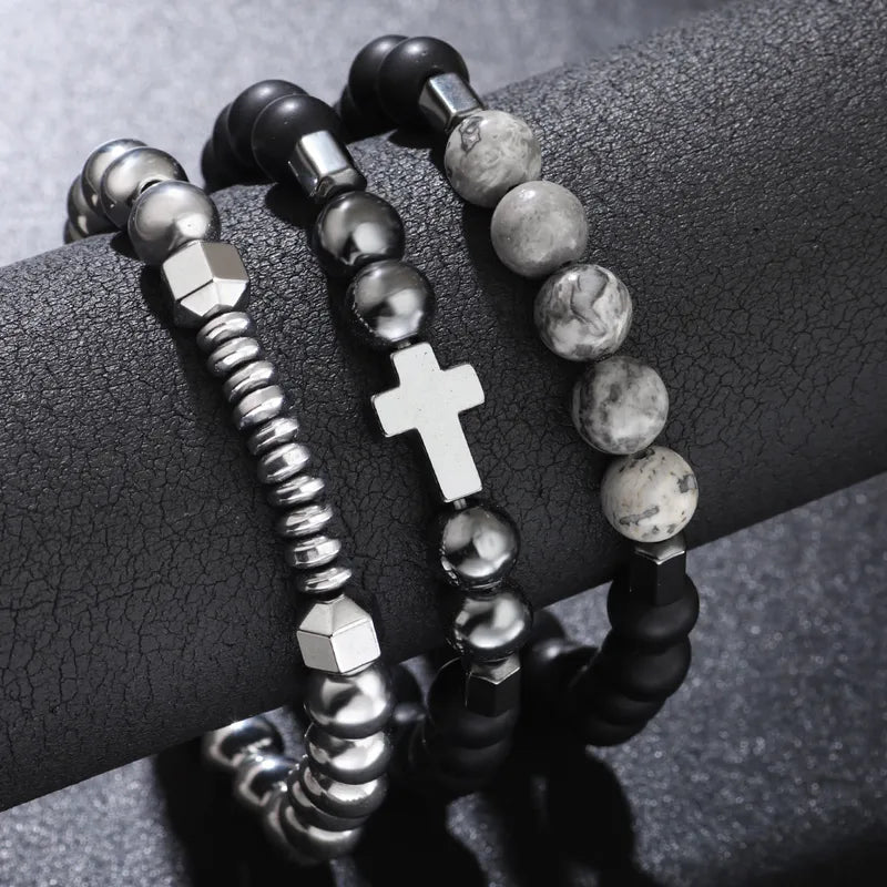 Set de 3 Bracelets Homme – Perles Naturelles & Hématite – Style Cross & Minimaliste
