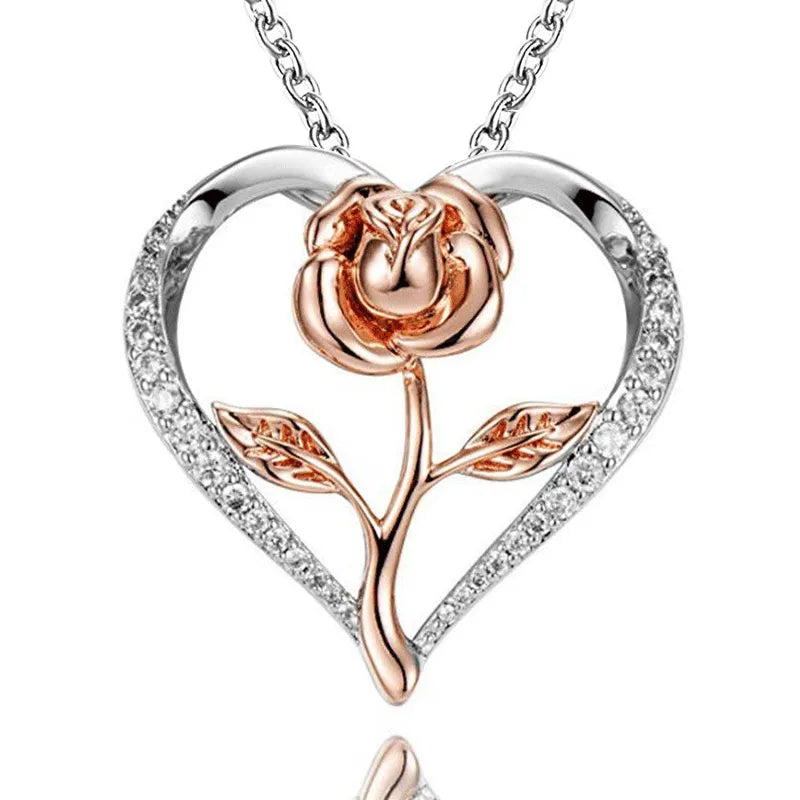 Collier Cœur & Rose Bicolore – Argent & Or Rose – Élégance Romantique