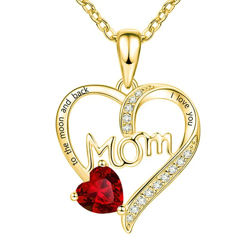 Collier MOM Doré avec Cœur Rouge – “I Love You To The Moon and Back”