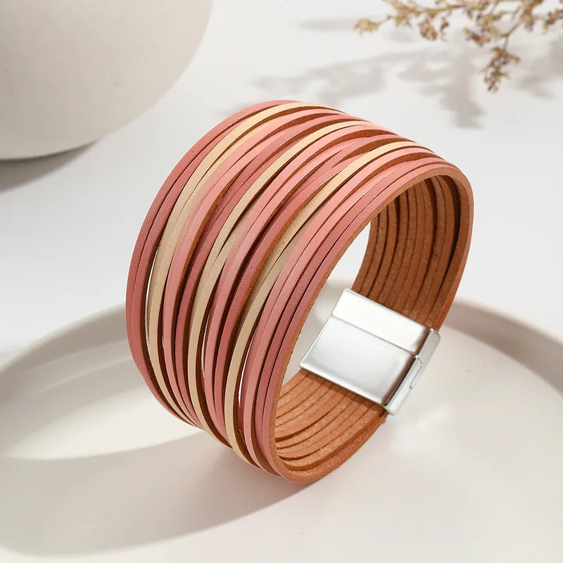 Bracelet Large Multi-Lanières Rose – Style Élégant & Moderne – Fermoir Magnétique