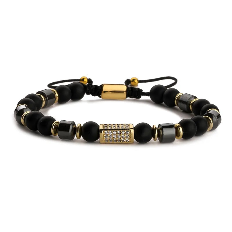 Bracelet Homme Onyx Noir & Hématite – Accents Dorés Zircon