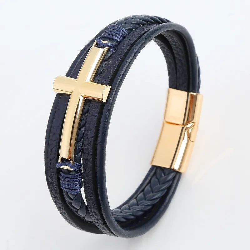 Bracelet Cuir Bleu & Croix Dorée – Fermoir Magnétique Luxe