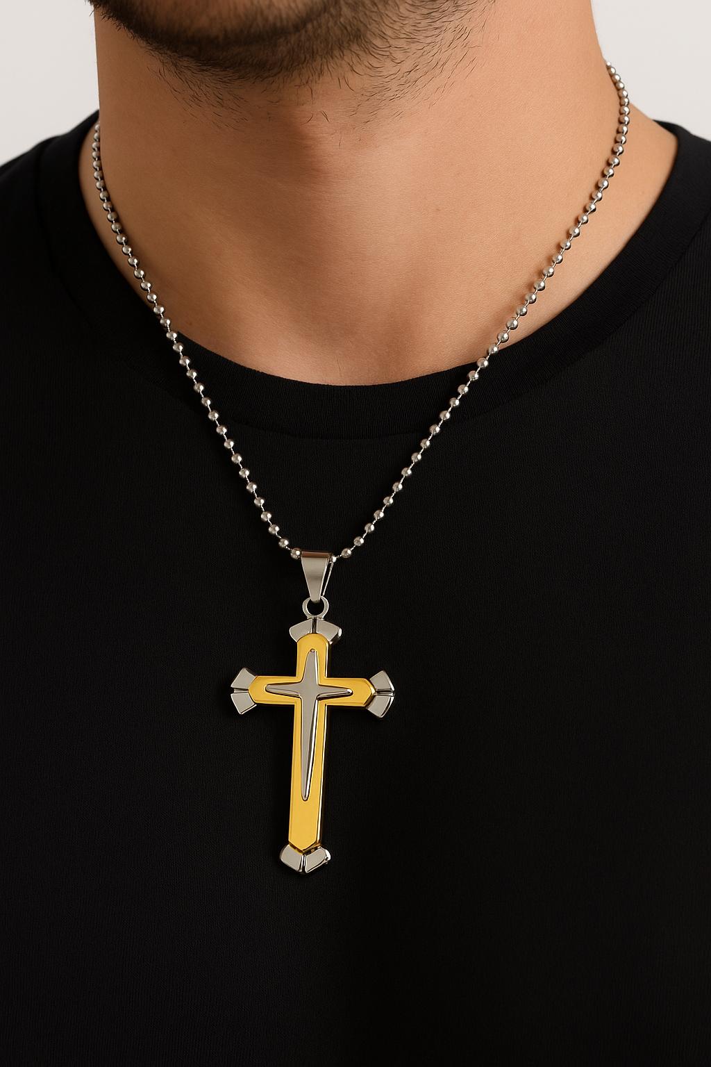 Collier Croix Bicolore Acier Inoxydable — Doré & Argenté