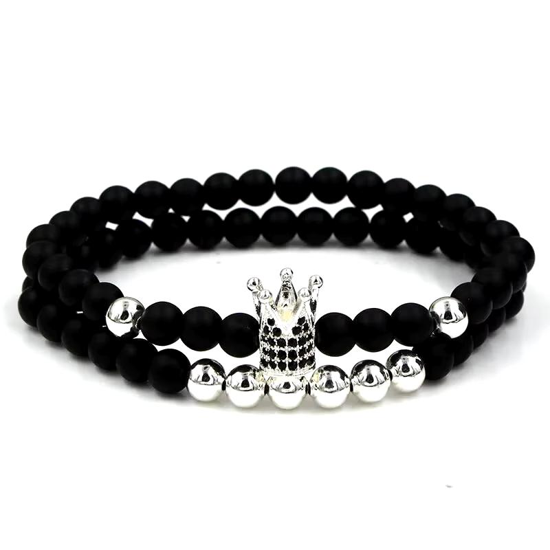 Bracelet couronne — perles noires & acier (argent)