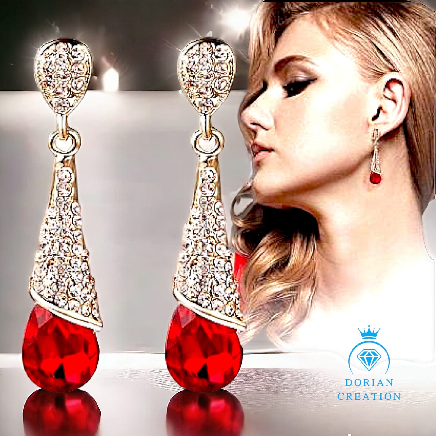 ❤️ Boucle d'oreille pendante larme plaqué or femme pierre rouge strass blanc