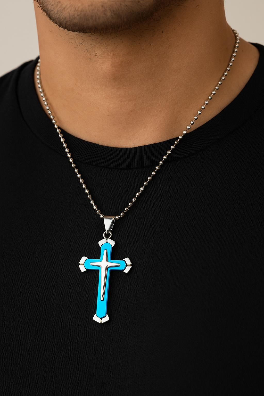 Collier Croix Acier Bleu et Argent – Foi & Élégance