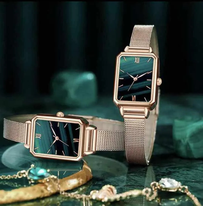Montre Femme Émeraude Royale – Cadran Marbré Vert & Bracelet Maille Milanaise Or Rose