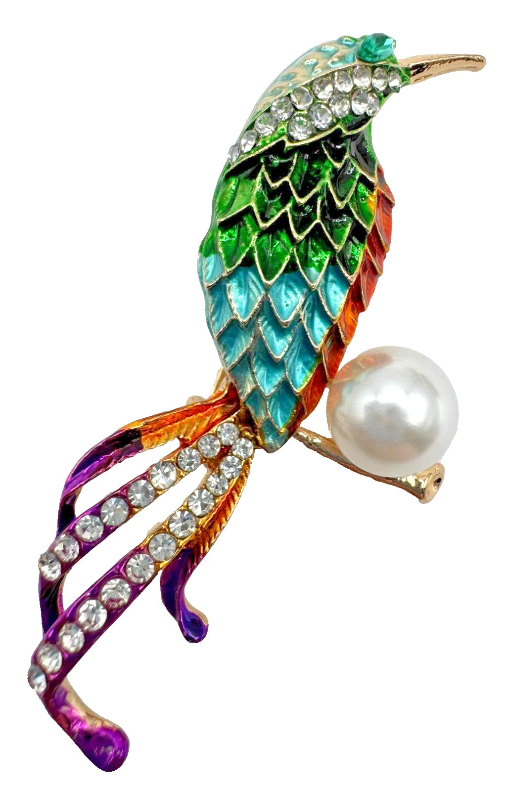 Broche oiseau multicolore avec perle et strass – bijou fantaisie élégant