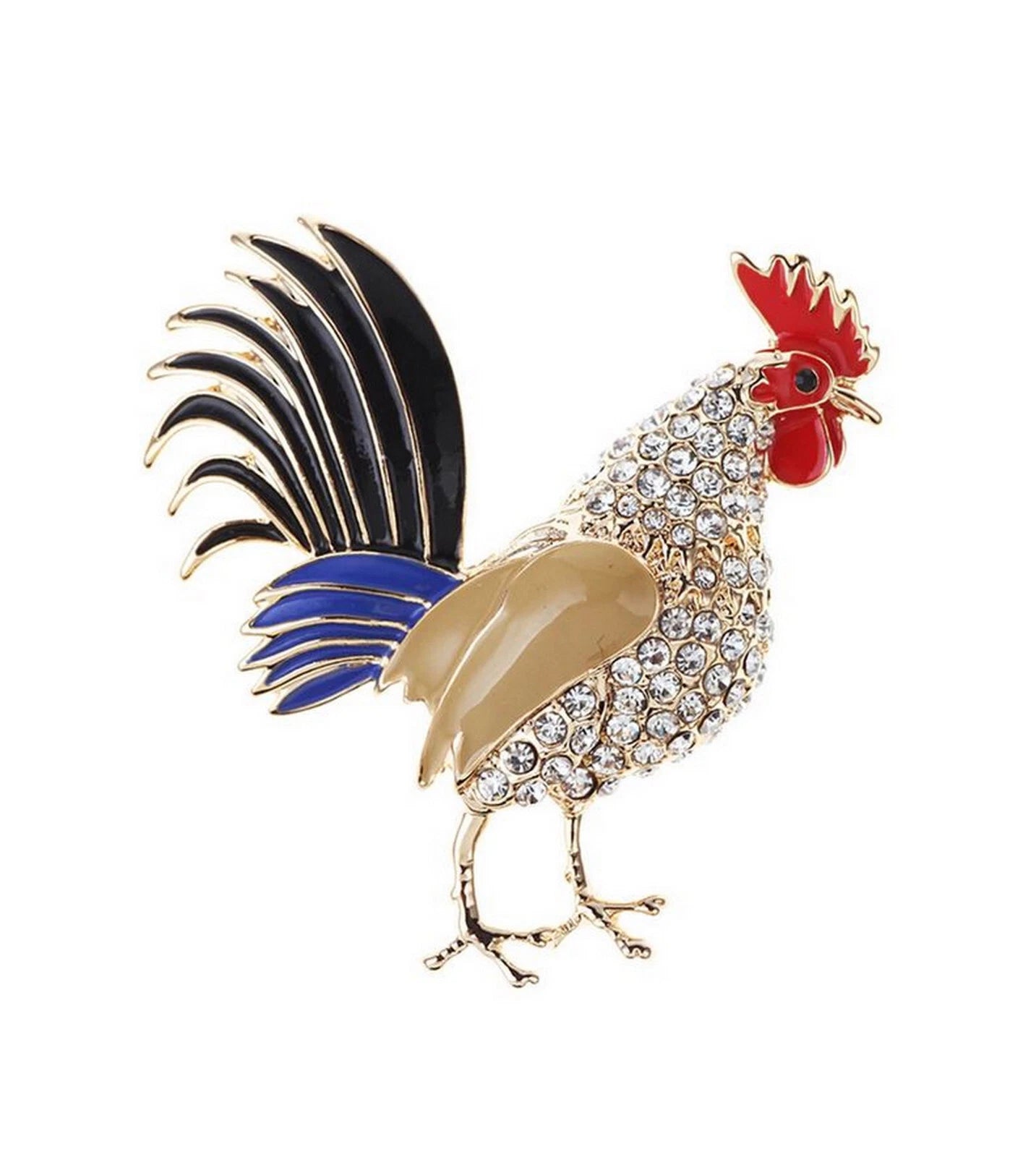 Broche coq doré – strass & émail coloré