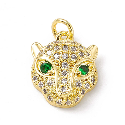 Pendentif tête de panthère dorée – yeux verts & zircons