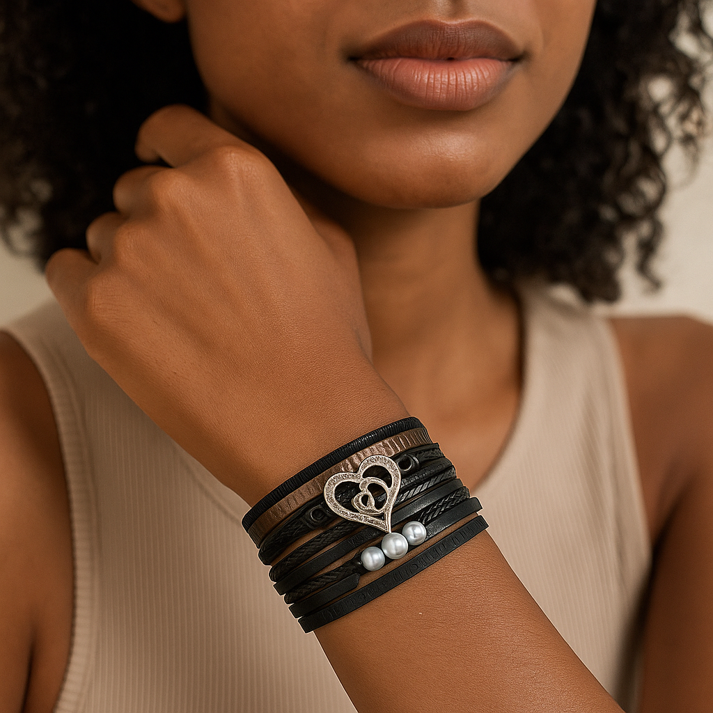 Bracelet multi-rangs cuir noir et cœur argenté