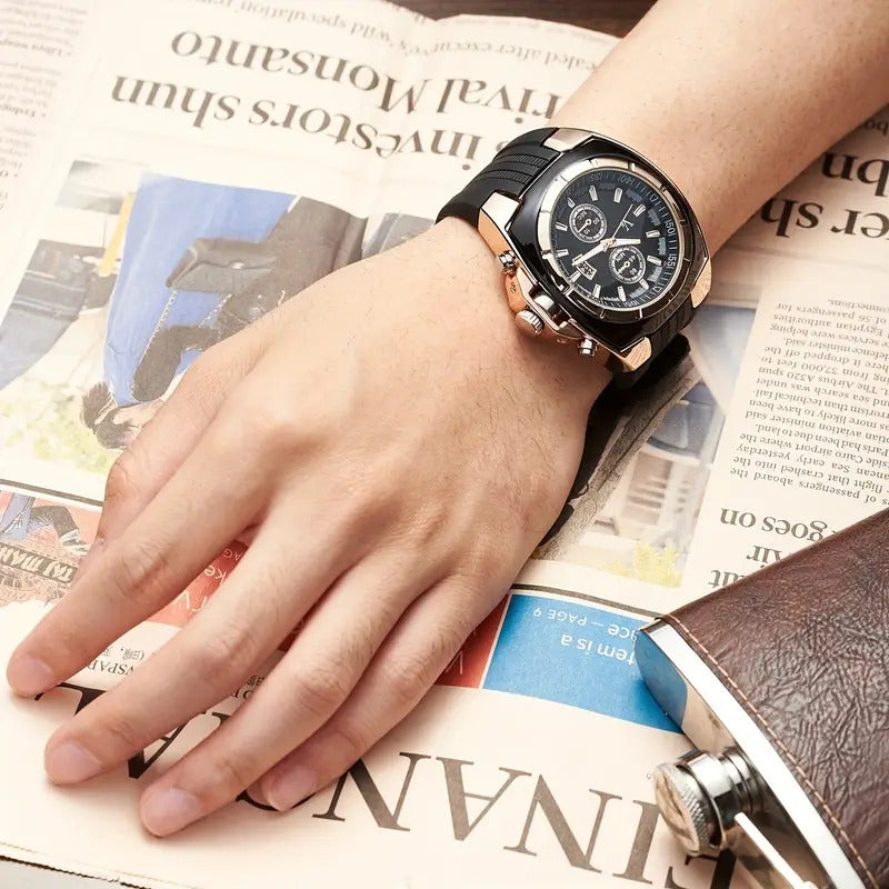 Montre Sport Luxe V6 – Chronographe Noir & Or, Bracelet Silicone Résistant