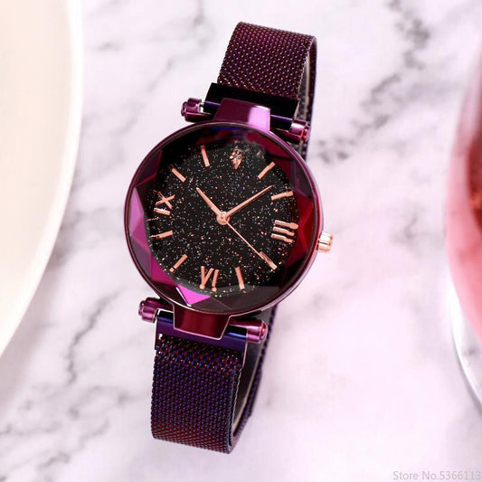 Montre Femme “Galaxy Purple” – Bracelet Magnétique & Cadran Pailleté