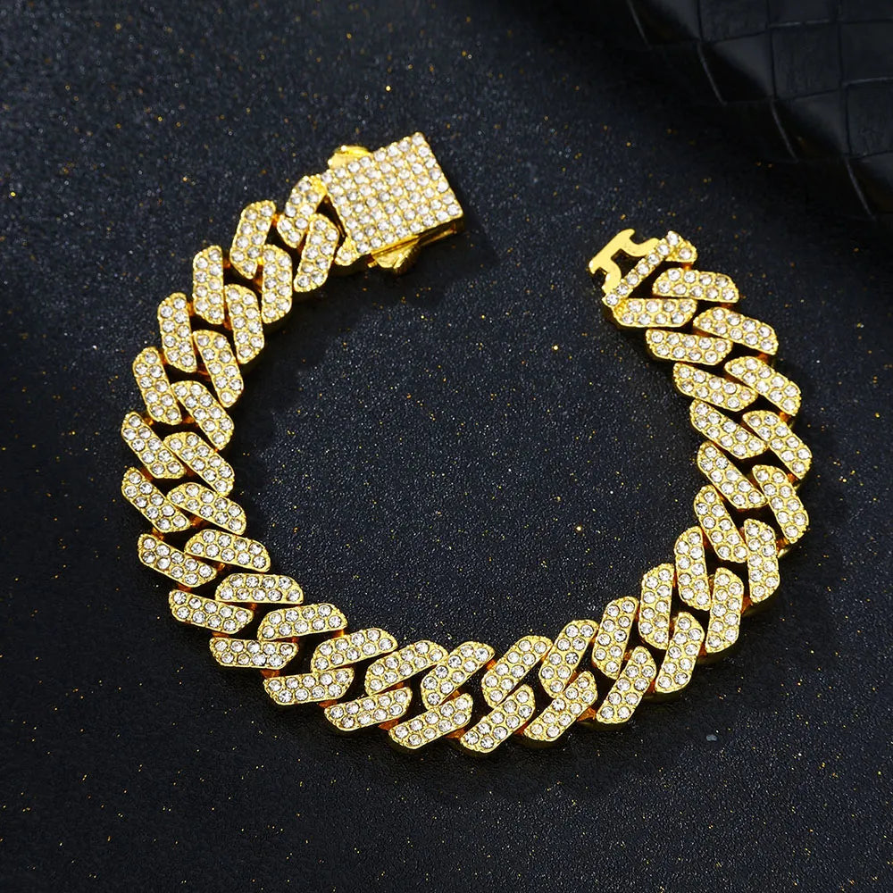 Bracelet Chaîne Cubaine Doré Pavé de Zircons – Acier Inoxydable 20 cm