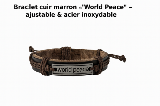 Bracelet cuir marron « World Peace » — acier inoxydable, ajustable