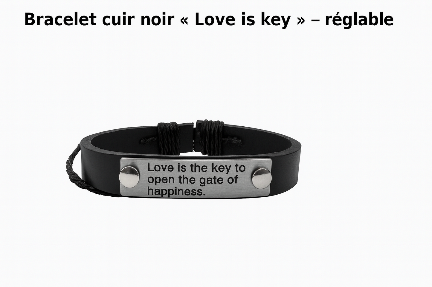 Bracelet cuir noir « Love is key » — acier inoxydable, ajustable