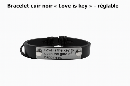 Bracelet cuir noir « Love is key » — acier inoxydable, ajustable