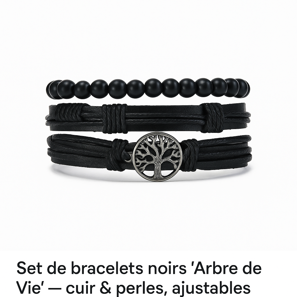 Set de bracelets noirs « Arbre de Vie » — cuir & perles, ajustables