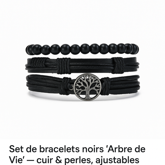 Set de bracelets noirs « Arbre de Vie » — cuir & perles, ajustables