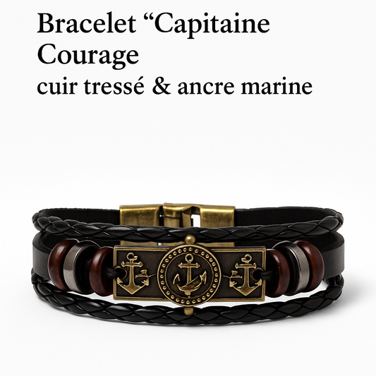 Bracelet « Capitaine Courage » — cuir tressé & ancre marine