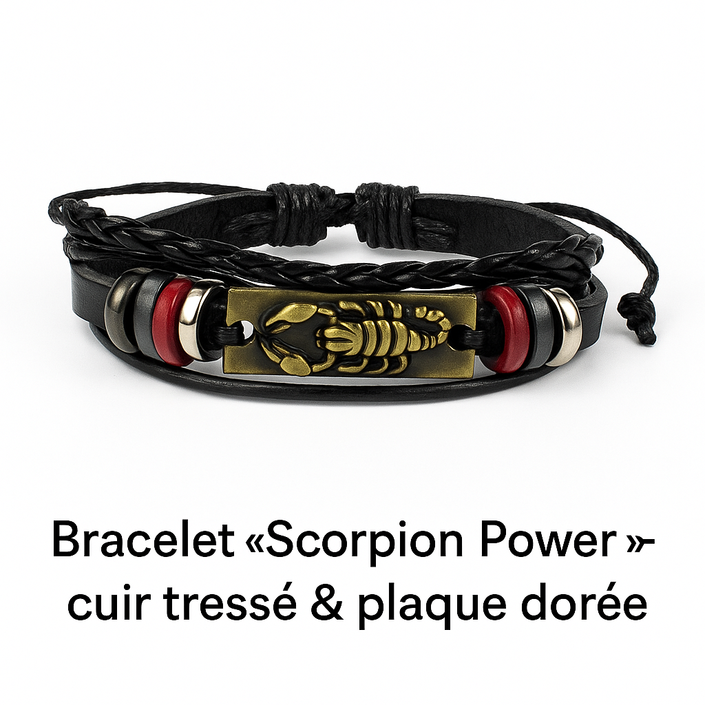 Bracelet « Scorpion Power » — cuir tressé & plaque dorée