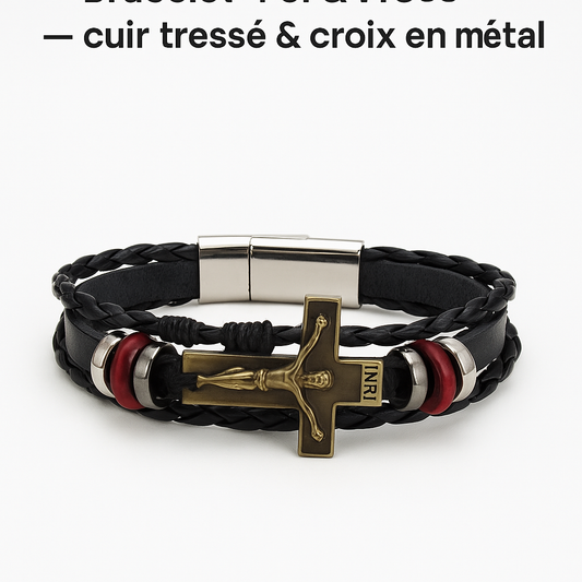 Bracelet « Foi & Force » — cuir tressé & croix en métal