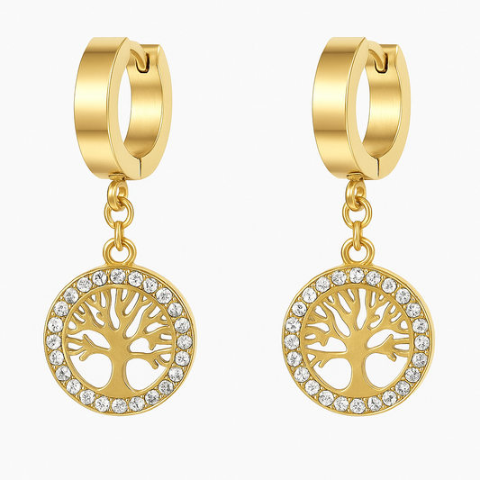 Boucles d'Oreilles Arbre de Vie en Strass Doré
