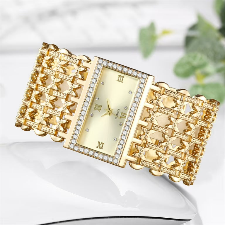 ✨ Montre Femme “Royal Chain Gold” – Bracelet à Maillons Luxe & Cadran Rectangulaire Cristallisé
