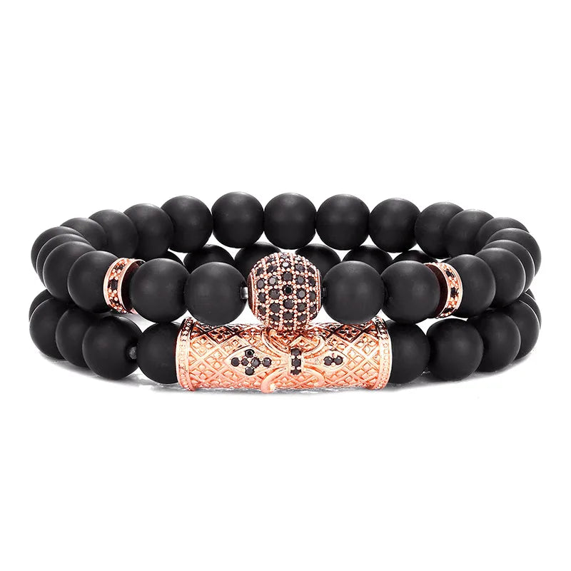 Bracelet Homme Double Rang – Perles Noires Mat & Détails Or Rose Zircon