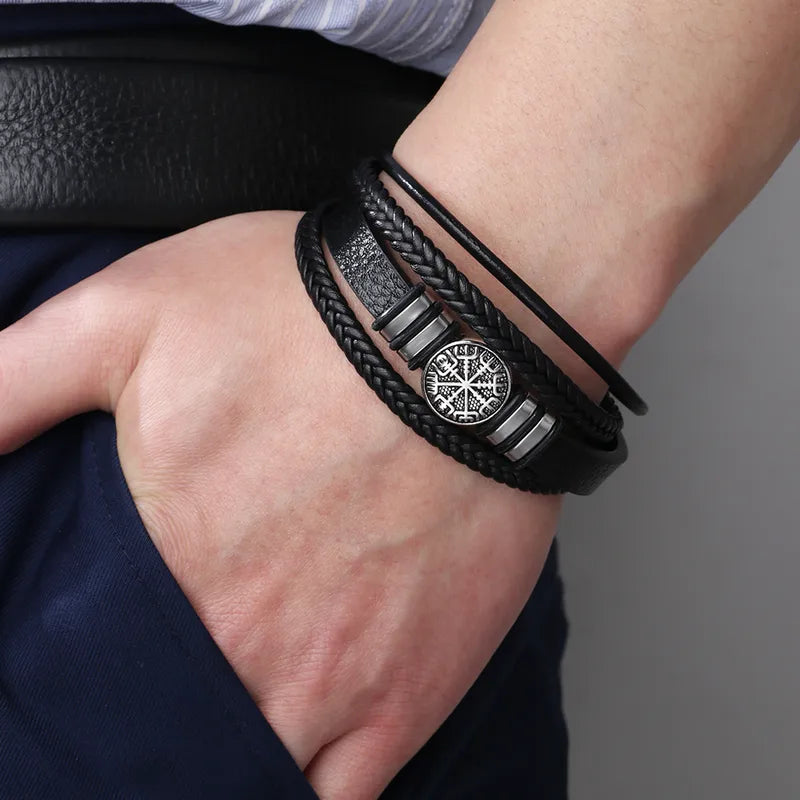 Bracelet Viking Vegvisir Noir & Acier – Multi-Lanières Homme
