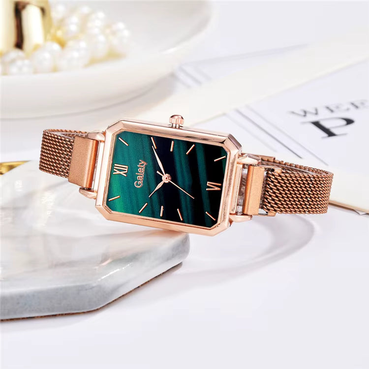 Montre Femme Émeraude Royale – Cadran Marbré Vert & Bracelet Maille Milanaise Or Rose