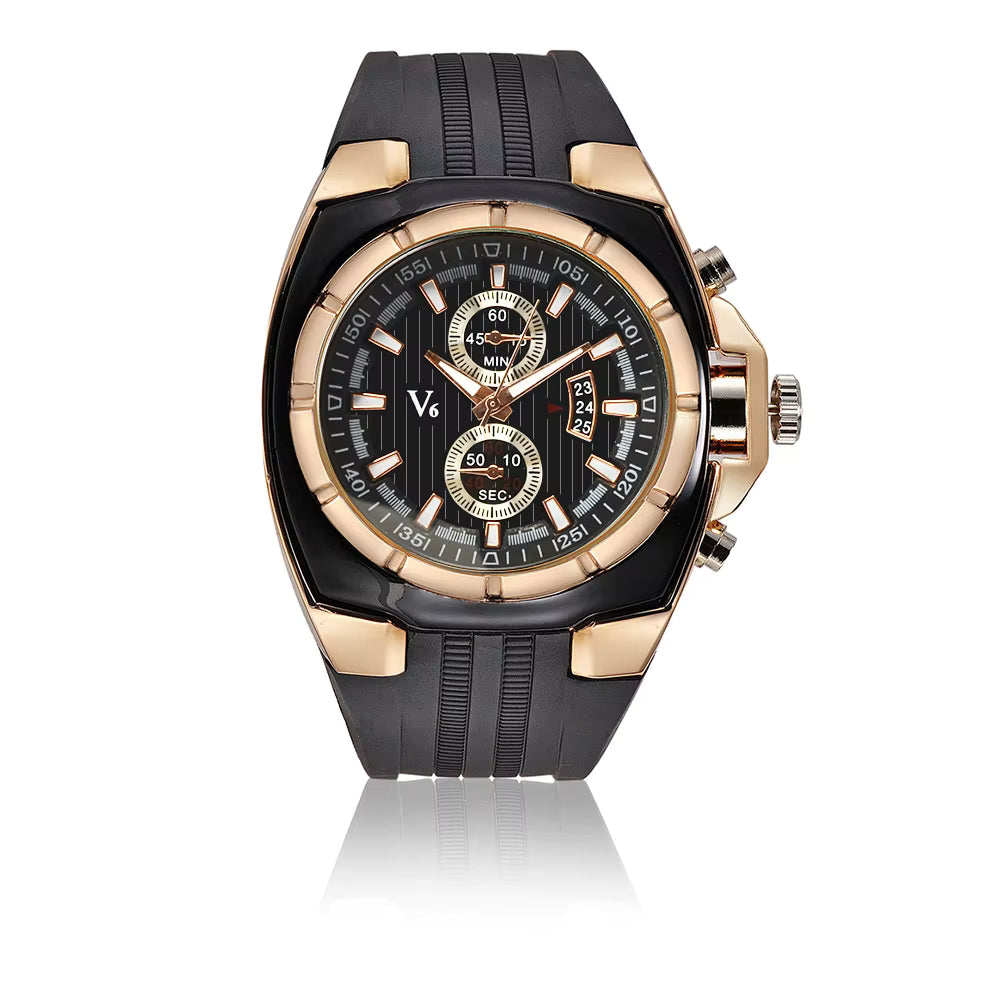 Montre Sport Luxe V6 – Chronographe Noir & Or, Bracelet Silicone Résistant