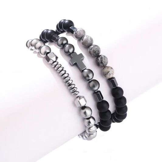 Set de 3 Bracelets Homme – Perles Naturelles & Hématite – Style Cross & Minimaliste