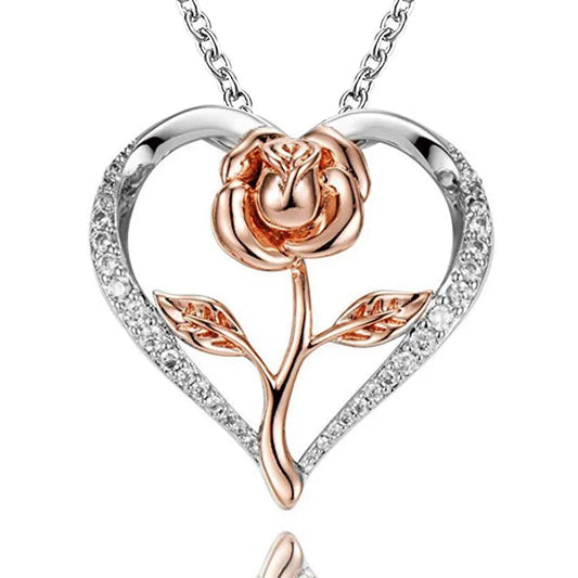 Collier Cœur & Rose Bicolore – Argent & Or Rose – Élégance Romantique