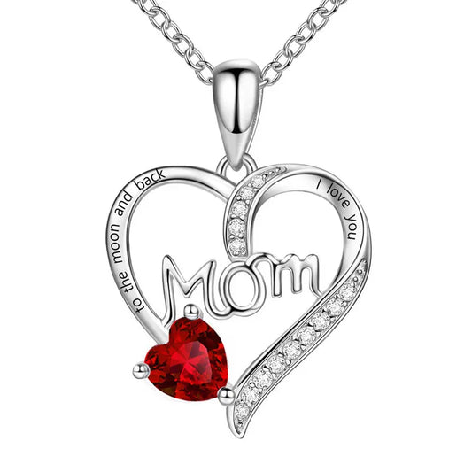 Collier MOM Cœur & Cristal Rouge – “I Love You To The Moon and Back”