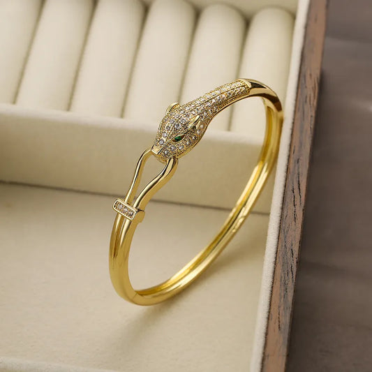 Bracelet tête de panthère doré – zircons scintillants