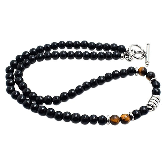 Collier Obsidienne & Œil-de-Tigre (Fermoir Cylindrique)