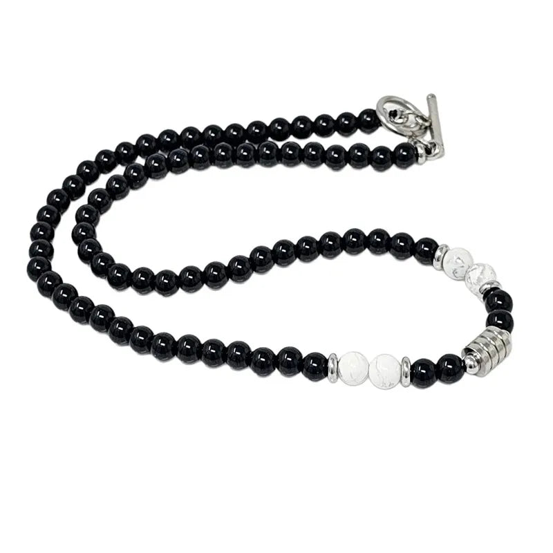 Collier Homme/Femme en Obsidienne Noire & Howlite Blanche – Fermoir Toggle Acier