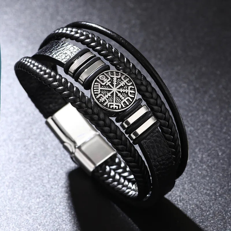 Bracelet Viking Vegvisir Noir & Acier – Multi-Lanières Homme