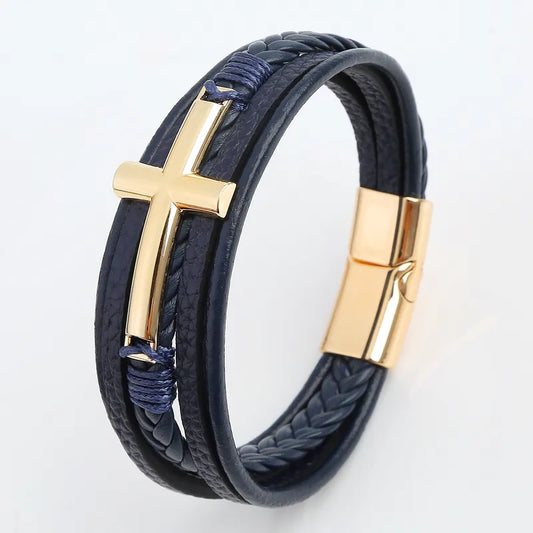Bracelet Cuir Bleu & Croix Dorée – Fermoir Magnétique Luxe