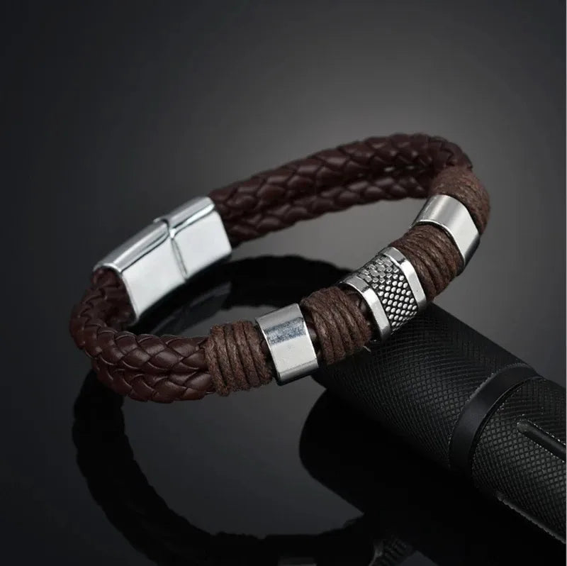 🤎 Bracelet Homme – Cuir Tressé Marron & Acier Inoxydable