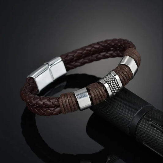 🤎 Bracelet Homme – Cuir Tressé Marron & Acier Inoxydable